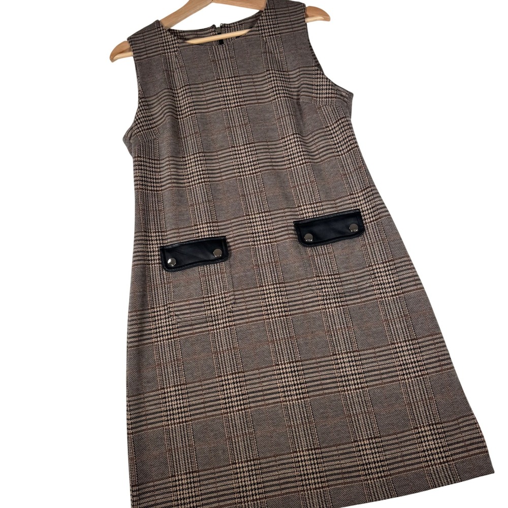Tommy Hilfiger Shift Dress Womens 10 Brown Plaid Faux‎ Leather Trim TDFTNKO211